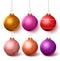 Christmas balls colorful decoration set hanging in isloated white background