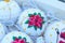 Christmas balls decorated with Santa Claus, Christmas flower and Christmas tree