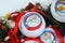 Christmas balls decorated with snowmen and Santa Clauses, embroidered with a cross