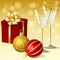 Christmas balls, gift and wineglasses