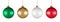 Christmas balls ornaments set. Green, Gold, White, and Red color, hanging isolated on white background. Bauble decor.