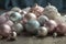 Christmas balls in pastel colors closeup, xmas decorations, new year tradition, AI Generated