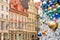 Christmas balls with reflected old city buildings on the Wroclaw Market Square