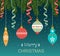 Christmas balls and ribbons hanging on the branches of the Christmas tree. Merry christmas stylized typography.