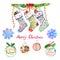 Christmas balls and socks collection with greeting Marry Christmas, handpainted watercolor illustration isolated on white, perfect