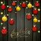 Christmas balls and stars on black wooden background