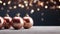 Christmas balls on wooden table on blurred background with bokeh. Winter holidays banner. Close-up. Generative AI