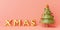 Christmas banner background, Christmas tree with golden XMAS balloon on a pink background, Merry Christmas and Happy New Year