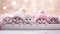 Christmas banner with cute kittens. Group cats above white banner looking at camera. Pink Christmas signboard or gift