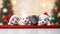 Christmas banner with cute puppy and kittens. Group of dogs and cats with red Santa hats above white banner looking at