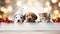 Christmas banner with cute puppy and kittens. Group of dogs and cats with red Santa hats above white banner looking at