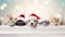Christmas banner with cute puppy and kittens. Group of dogs and cats with red Santa hats above white banner looking at