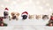 Christmas banner with cute puppy and kittens. Group of dogs and cats with red Santa hats above white banner looking at