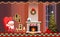 Christmas banner with fireplace and Santa Claus. Santa Claus eats cookies and drinks milk.