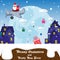 Christmas banner funny Santa Claus on airplane on background silhouettes of city. Cartoon style. Vector illustration