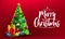 Christmas Banner. Xmas Decorative Design with Christmas Tree, Gifts, Balls, Star, Pine Cone and Lights