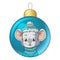 Christmas bauble with drawing cartoon mouse rat wearing turquoise knitted scarf and hat