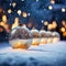 Christmas baubles balls on snow outdoors. Glittering lights background