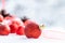 Christmas - Baubles Decorated, red xmas balls, Pine And Snowflakes In Snowing Background