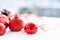 Christmas - Baubles Decorated, red xmas balls, Pine And Snowflakes In Snowing Background