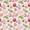Christmas baubles, ginger bread cookies, christmas tree branches, red berries. Seamless pattern with congratulations