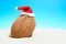 Christmas on beach concept. Coconut in the Santa hat on the sand