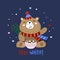 Christmas bear in a knitted hat with a mug of cocoa. Hello winter. Lettering. Vector