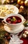 Christmas beetroot soup, borsch with small dumplings with mushroom stuffing, traditional Christmas soup in Poland