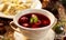 Christmas beetroot soup, borsch with small dumplings with mushroom stuffing, traditional Christmas soup in Poland