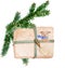 Christmas beige box with tag and ribbon. A cute cow - symbol of 2021. Green spruce branch.
