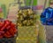 Christmas or birthday gifts present golden box with blue red and