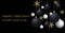 Christmas black background with dark blue and white Christmas balls and golden snowflakes. Happy New Year decoration. Elegant Xmas