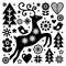 Christmas black and white folk pattern, Scandinavian folk art, reindeer, birds and flowers decoration or greeting card