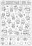 Christmas black and white I spy game for kids. Searching and counting line activity with cute kawaii holiday symbols. Winter