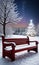 A Christmas Blanket Covering A Snowy Bench, Under Starlight. Generative AI