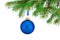 Christmas blue ball hanging on fir tree branch Isolated