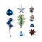 Christmas blue decorations. Rows of blue berries, silver star, baubles and green fir branch on white background