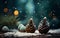 Christmas bokeh background with tree branches and snow, macro. M