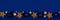 Christmas border banner of dark blue and gold ornaments ,top view on a midnight blue background
