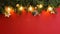Christmas border / frame. Fir tree, stars, balls and magic lights on red background . Atmospheric frame, place for text or your