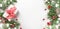 Christmas border with red gift, evergreen branches on white. Xmas greeting card