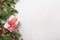 Christmas border with red gift, evergreen branches on white. Xmas greeting card with copy space. View from above. Flat lay style