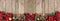 Christmas bottom border of ornaments, branches and buffalo plaid check ribbon on an old wood banner background
