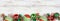 Christmas bottom border of red, white and green ornaments on a white wood banner background