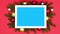 Christmas branches with ornaments appear around frame with blue screen. Stop motion