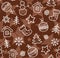 Christmas brown background, white contour drawings, seamless, vector