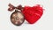 Christmas brown ball with decoration red heart toy. Horizontal background