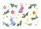 Christmas bundle set - pine branches, spruce twigs, hare animals, decorative baubles. Childish watercolor clip art for