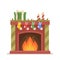 Christmas Burning Fireplace with Socks, Candles, Spruce Branch, Giftbox and Fire Inside. Festive Indoors Chimney