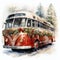 Christmas bus. Created by AI.A red festive bus decorated with fir branches and toys rides through the winter snow